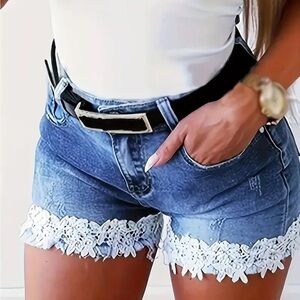 Lace Trim Denim Shorts, Sexy Jean Hotpants, Blue With White Lace Detail, Sz.M